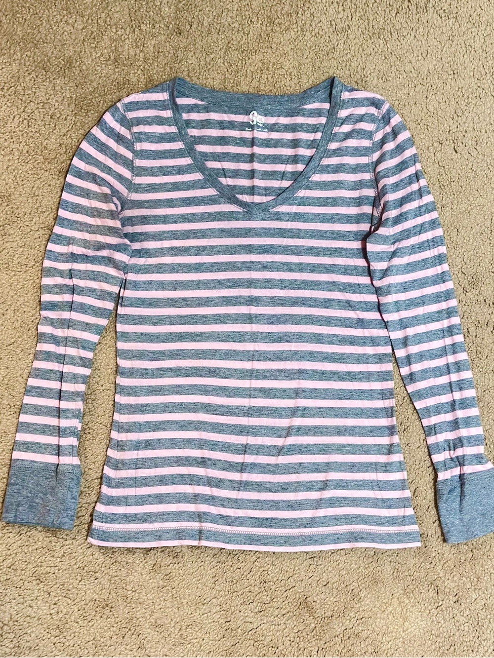 SO Light Pink and Grey Striped V-Neck Long Sleeve Top Women’s M